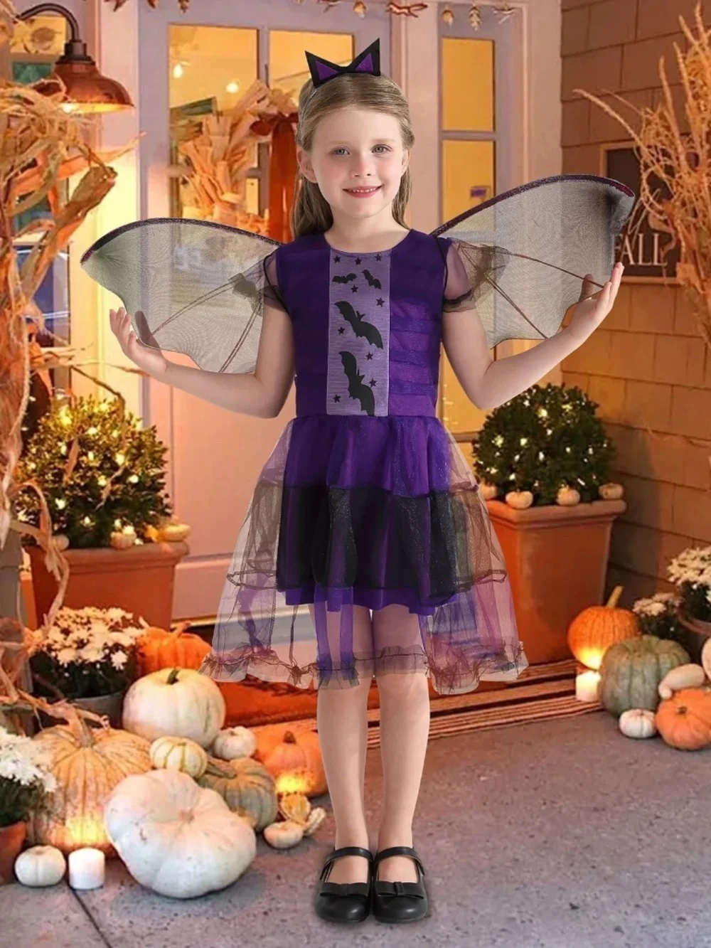 Girls Bat Princess Halloween Costume Purple Dress Kids Size Large Spooky Tutu